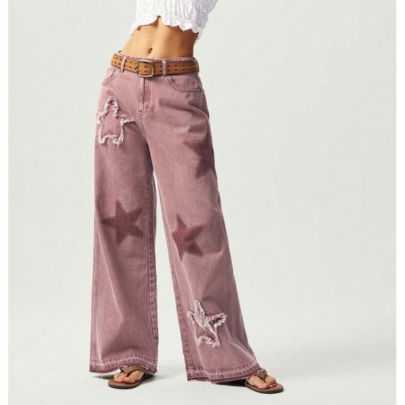 Western Star Print Patch Wide leg Denim Jeans Pants